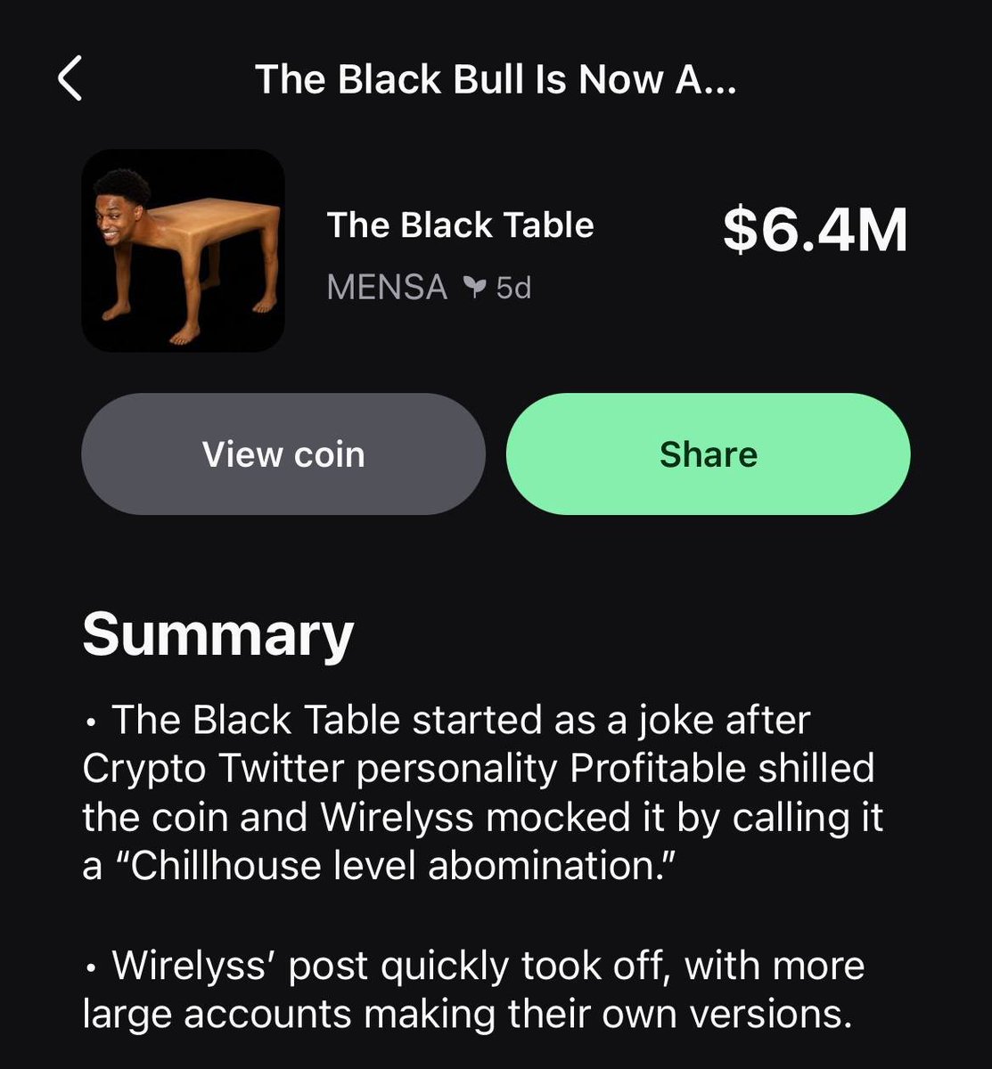 PumpfunEco's tweet photo. The Black Table $MENSA is now trending on the Pumpfun app! 🔥 https://t.co/yqQqRMMuJG