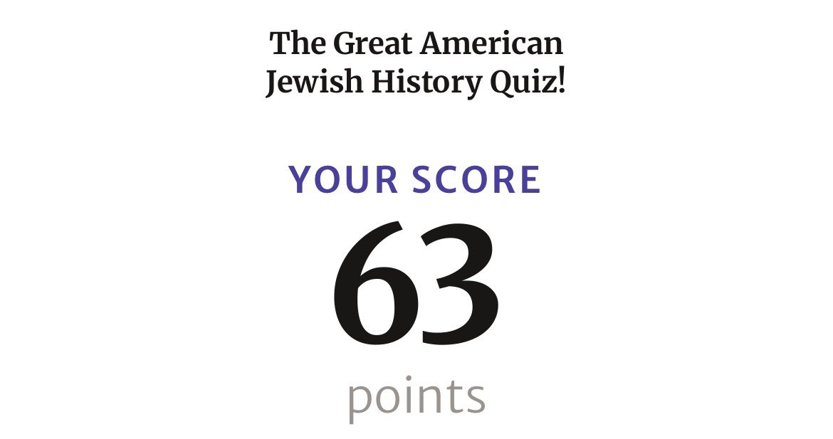 DBashIdeas's tweet photo. Fun quiz on American Jewish history. 

My fabulous score. 🏆 https://t.co/1je0yPBlGD