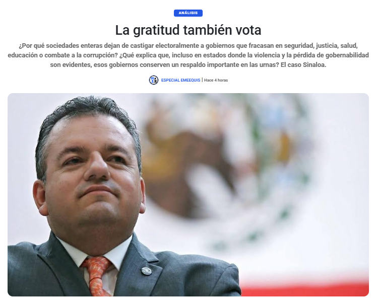 emeequis's tweet photo. 🔎 La política no siempre se explica por los resultados de gobierno.

¿Por qué una parte importante de la ciudadanía sigue respaldando a administraciones cuestionadas por la inseguridad, la corrupción o la falta de resultados? Alberto Capella explora las razones culturales y sociales que ayudan a entender este fenómeno electoral.

📖 Lee la columna completa:
https://t.co/1R34iB7Ofp
📰 Sigue a EMEEQUIS para mantenerte informado con análisis, opinión y contexto sobre los temas que definen la vida pública del país.