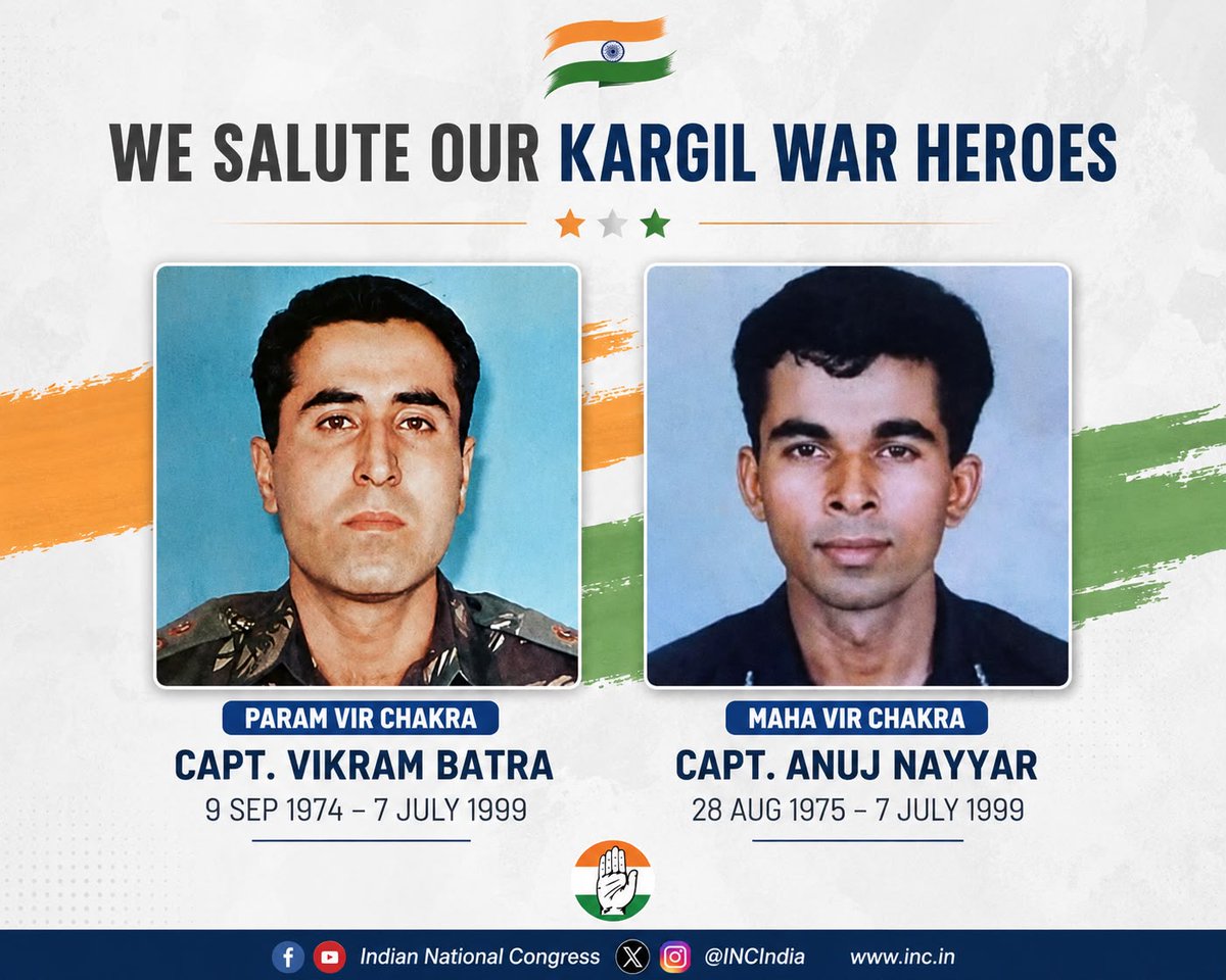 INCIndia's tweet photo. Salute to the brave heroes of the Kargil War whose supreme sacrifice safeguarded our nation's sovereignty and honour. Their unmatched courage, patriotism and selfless service will forever inspire generations of Indians.

Jai Hind 🇮🇳 https://t.co/LA14XXsPYl