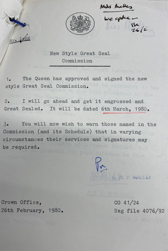 JasonLoch's tweet photo. The dating of Letters Patent can be flexible. The Warrant for the 1980 Great Seal Commission was submitted to Queen Elizabeth II on February 21. While she signed it by February 26, the subsequent Letters Patent were dated March 6 [LCO 6/3932]. https://t.co/1nEeOqWurB