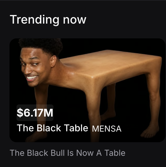 wirelyss's tweet photo. The Black Bull Is Now a Table.  

$Mensa is trending on Pump! https://t.co/0jEQdOC5rw