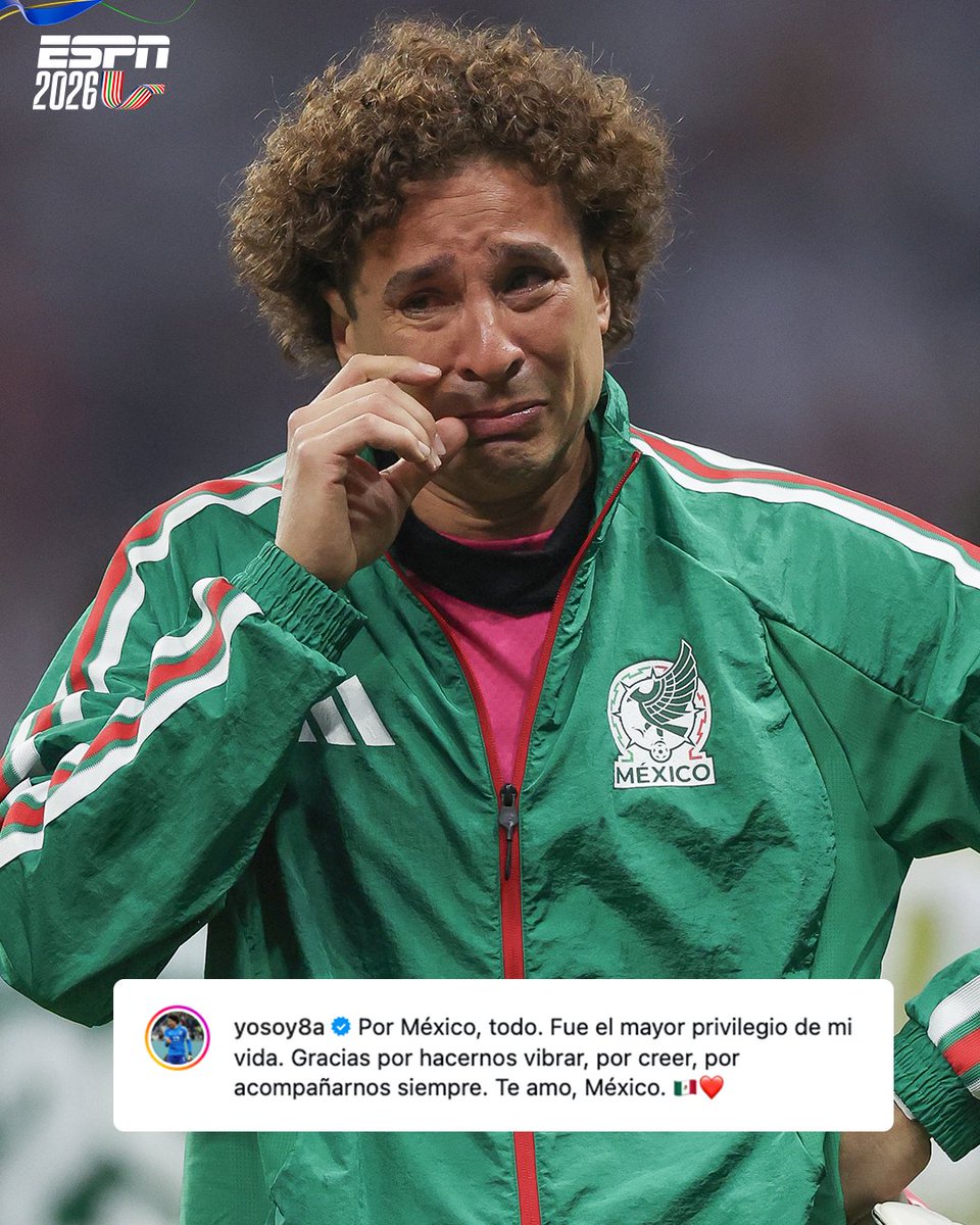 ESPNmx's tweet photo. 🥹 🇲🇽 "POR MÉXICO, TODO. FUE EL MAYOR PRIVILEGIO DE MI VIDA". 

El emotivo mensaje de despedida de Guillermo Ochoa tras la eliminación y adiós de la Selección Mexicana. ❤️‍🩹

GRACIAS POR TANTO, DON MEMO. https://t.co/YRcxmgpOBr