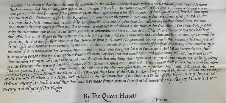 JasonLoch's tweet photo. The dating of Letters Patent can be flexible. The Warrant for the 1980 Great Seal Commission was submitted to Queen Elizabeth II on February 21. While she signed it by February 26, the subsequent Letters Patent were dated March 6 [LCO 6/3932]. https://t.co/1nEeOqWurB