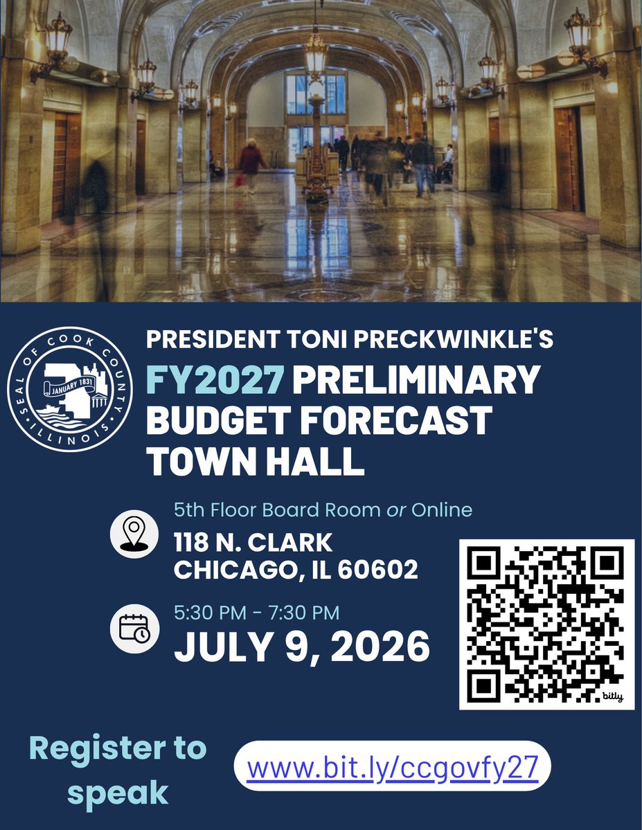 cookcountygov's tweet photo. The deadline to register to speak is almost here.

Register by Wednesday at 5 p.m. to provide public testimony at the FY2027 Preliminary Budget Town Hall and share your thoughts on Cook County's proposed financial priorities.

Register: https://t.co/d0oJZgo0bD https://t.co/LY6Gd5FrXv