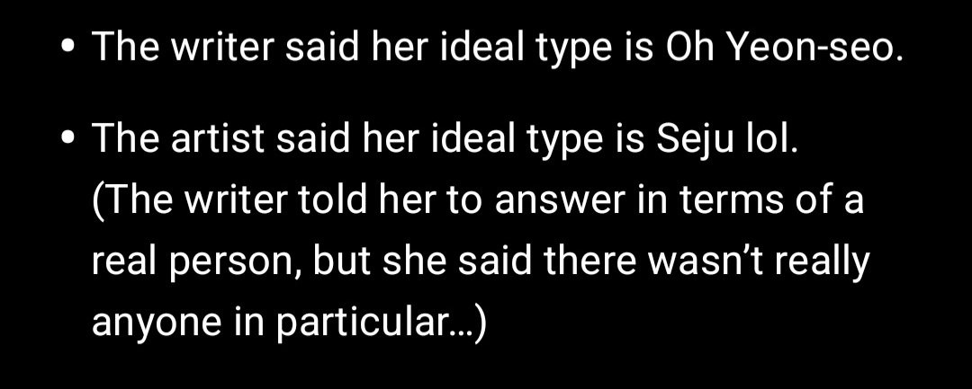 kanamezerro's tweet photo. Team Gaji was once asked about their ideal types. The writer said her ideal type is an actress called Oh Yeonseo, while the artist said hers is Baek Seju.
If you look at Seju, her face, her body, and her aura, you can tell the artist was just designing the girl of her dreams 😭 https://t.co/4ajjttFgNB