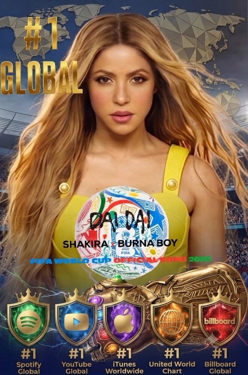 Shakifanatico's tweet photo. ¡La reina lo hizo de nuevo! 👑 

@shakira junto a @burnaboy conquistan el planeta con "Dai Dai".

 El Guantelete del Infinito de la música ya está completo con puros #1 globales.  😍😍😍😍😍😍😍😍😍😍😍 https://t.co/YkczLwot5g