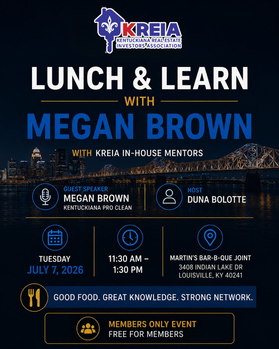 REIAKY's tweet photo. 🏡 Learn, network, and enjoy lunch with fellow investors.

📅 July 7
🕦 11:30 AM – 1:30 PM
📍 Martin's Bar-B-Que Joint
🔒 Members Only

👉 Register today and join us!

#KREIA #LouisvilleKY #InvestorNetworking https://t.co/JvL8kkg2a8