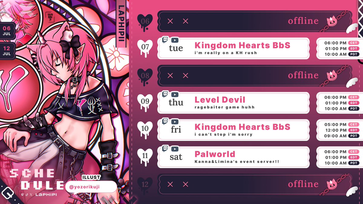 Laphipii's tweet photo. 💔Weekly Schedule💔

I am... so addicted to Kingdom Hearts you guys.....

Super excited to dive into the Palworld server with all the cute girlies!! 

I'm flying to England for a few days on Sunday so there will be a stream break there!! workworkwork wooo https://t.co/SLTgRWLwyA