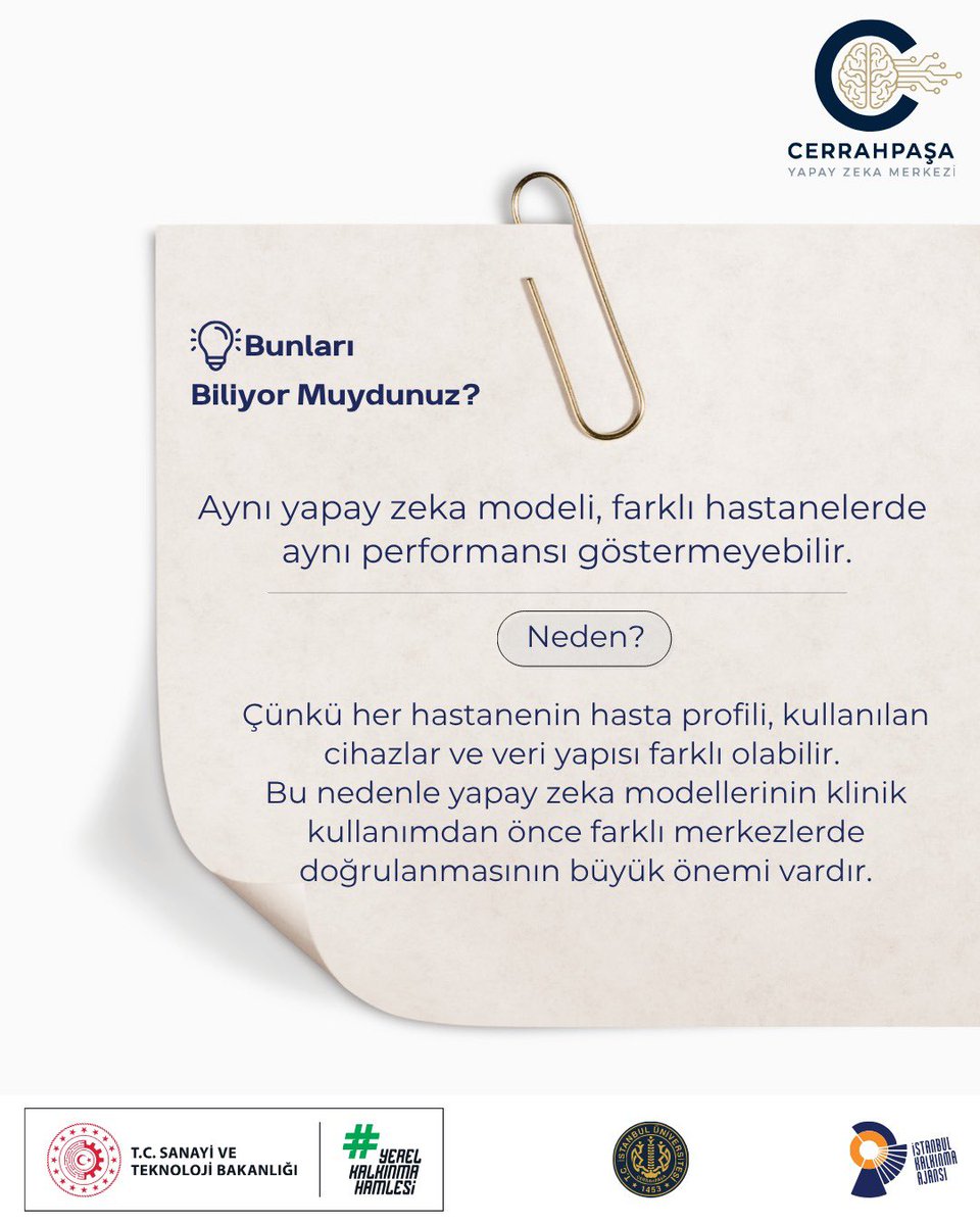 iuceyazem's tweet photo. 💡 Bunları Biliyor muydunuz?
Sağlıkta yapay zekada hedef yalnızca yüksek doğruluk değil, farklı hasta grupları ve merkezlerde de güvenilir sonuçlar üretmektir. Bu nedenle modeller klinik kullanımdan önce farklı veri setleriyle test edilir.
#YapayZeka #MedicalAI #Sağlık https://t.co/barsMubpbQ