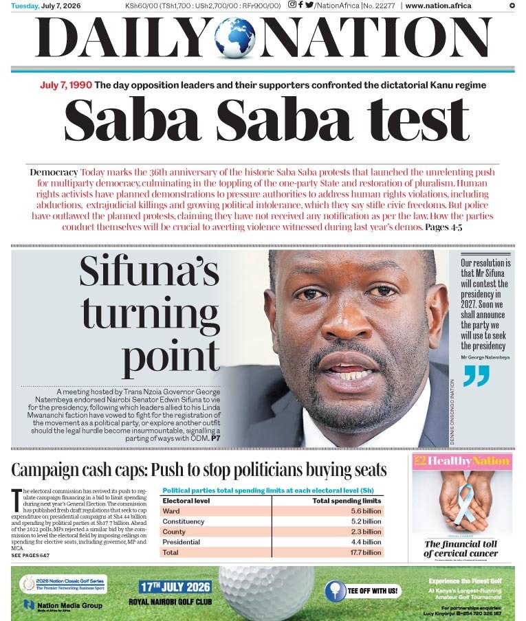 NationAfrica's tweet photo. Saba Saba test 

July 7, 2026 🗞️ 📷   

Read today's Nation ePaper and follow live updates on https://t.co/dOHYx3Lap0, all in one Daily Nation Premium subscription. The complete newspaper replica plus breaking news as it happens. Subscribe for just Sh 350/week.    

Tap here: https://t.co/WZTBsz0rlR 
#YourTrustedNation