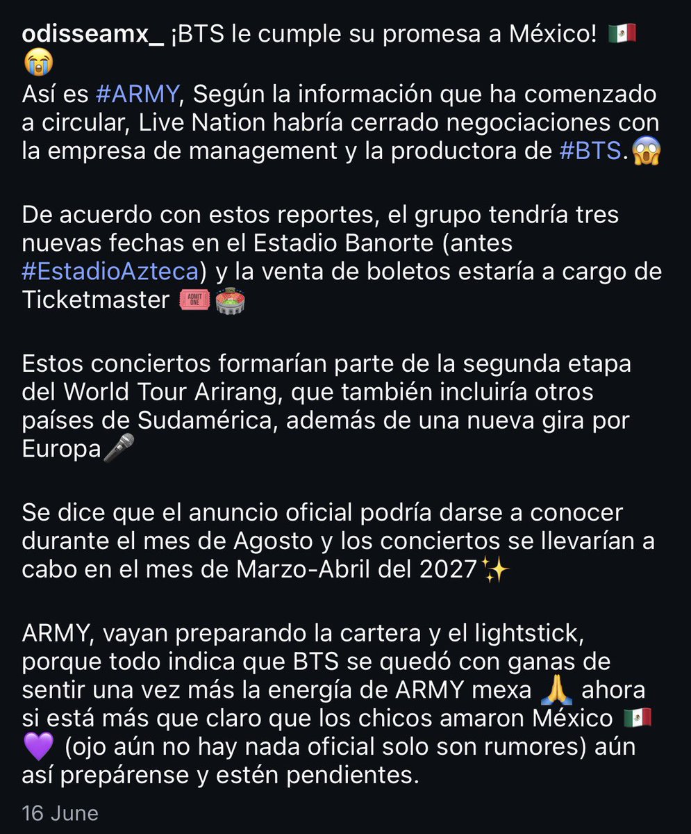 italianarmyfam_'s tweet photo. Secondo nuove VOCI dal Messico, la presunta seconda fase dell’ ARIRANG WORLD TOUR includerebbe anche una nuova leg europea 👀

Si parla di un POSSIBILE annuncio ad agosto e di concerti previsti tra marzo e aprile 2027

Queste NON sono info ufficiali, solo speculazioni https://t.co/d2jBIN7BCR