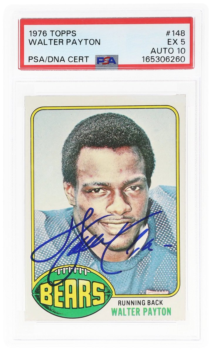 altxyzofficial's tweet photo. One of the best Walter Payton cards in the world just surfaced in our auction 👀

A signed 1976 Topps Rookie card of him. Only 45 copies like this exist in PSA's pop report, as Payton sadly passed away in 1999 at age 46.

What makes this copy extra special is that it is one of the few to achieve a 10 grade for the auto.

This card ends Thursday night in Alt Auctions.

Bid: https://t.co/lg49SgAqQw