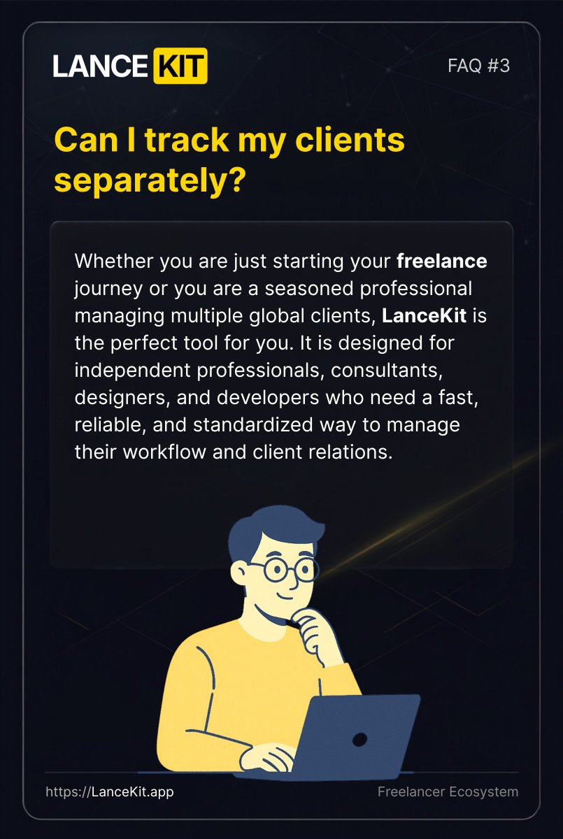 LanceKitApp's tweet photo. 𝗖𝗮𝗻 𝗜 𝘁𝗿𝗮𝗰𝗸 𝗺𝘆 𝗰𝗹𝗶𝗲𝗻𝘁𝘀 𝘀𝗲𝗽𝗮𝗿𝗮𝘁𝗲𝗹𝘆?

Yes. LanceKit provides a dedicated "Clients" module where you can build your personal client roster. https://t.co/gXBKDEfKz2