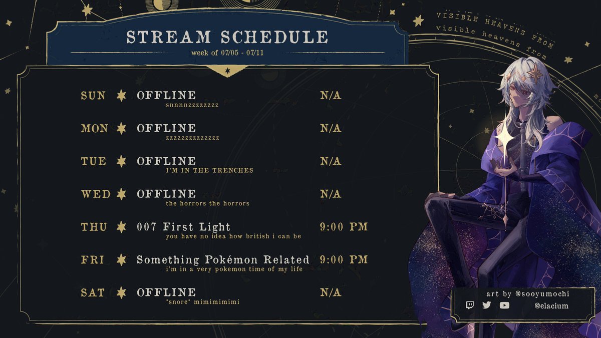 elacium's tweet photo. 🌌Weekly Schedule - 07/05 to 07/11☄️

➣ THU - 007 First Light - 9:00PM
➣ FRI - Something Pokémon Related - 9:00PM

All times CST!
Have a great week everyone! https://t.co/iK0Jixsnej