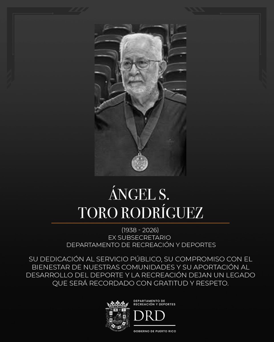 recreaydeportes's tweet photo. Nos unimos al duelo por la partida de Ángel S. Toro, ex subsecretario del DRD. Recordamos su compromiso y emulamos su dedicación por llevar la recreación y el deporte a cada rincón de Puerto Rico. Qué descanse en paz. Fortaleza y consuelo a su familia 🕊️ https://t.co/bOGAlcV9lQ