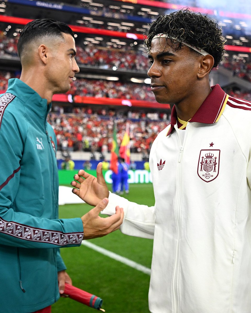 footballontnt's tweet photo. Before Lamine Yamal was even born, Cristiano Ronaldo had already played at EURO 2004 and the 2006 World Cup.

Today, they face each other on football's biggest stage. Longevity 🍷 https://t.co/OX4pPoksNH