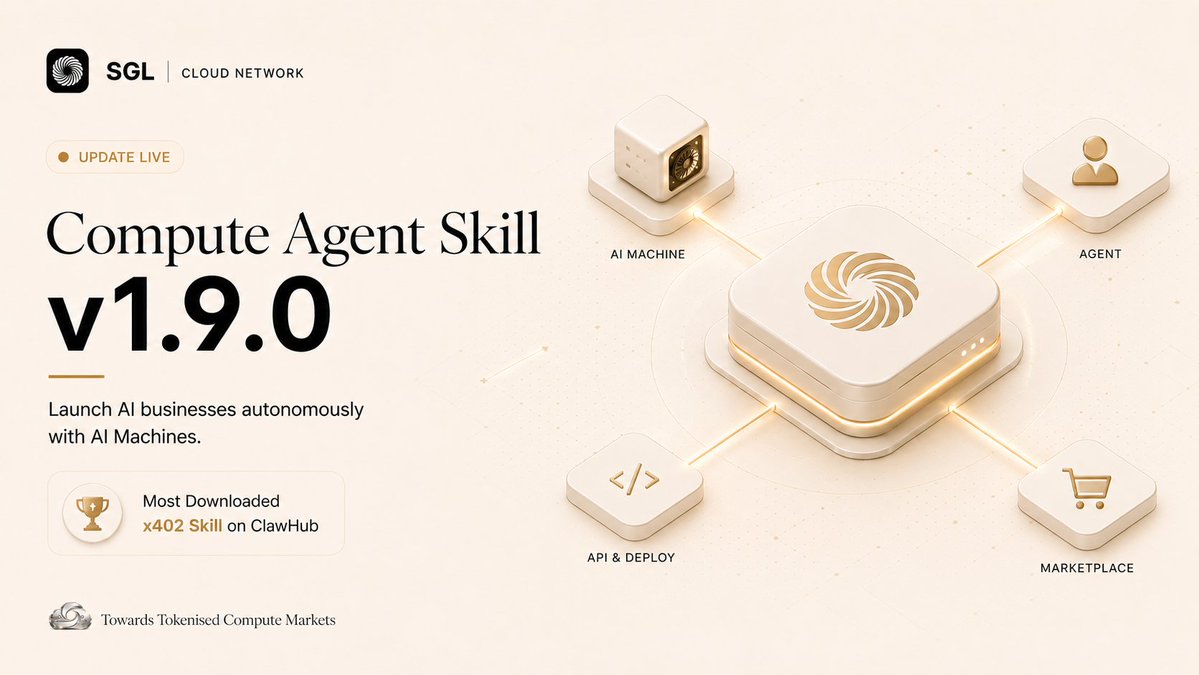 x402_Layer's tweet photo. Singularity Compute Agent Skill v1.9.0 is live.

Combined, our two Singularity Layer agent skills have become the most downloaded OpenClaw skills globally in the x402 category on ClawHub Marketplace.

Give this skill to your agent, and watch it launch an AI provider business for you using AI Machines.

Becoming an AI provider is now as simple as pressing a button.