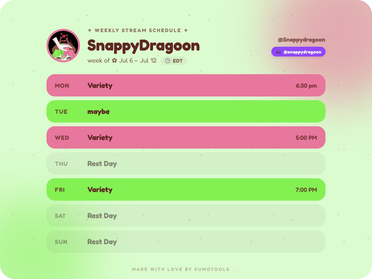 Snappy_Dragoon's tweet photo. Stream Schedule for the week https://t.co/Qyo3t2JQJq