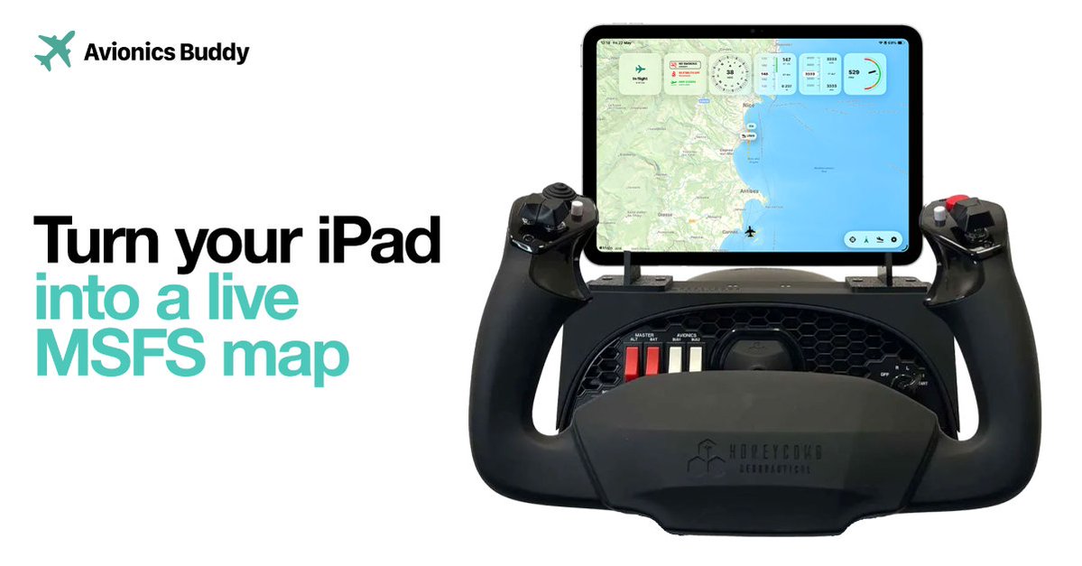 Heavy64Lab's tweet photo. Turn your iPad into a live MSFS map ✈️

Avionics Buddy shows your aircraft position, map, gauges and flight awareness while Microsoft Flight Simulator stays on the main screen.

Simple setup. More cockpit feeling.

https://t.co/awLW5rSgWD

#AvionicsBuddy #MSFS2024 #flightsim https://t.co/AgwNGnUib1