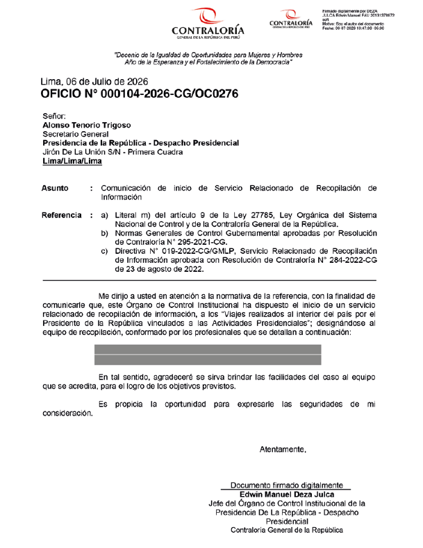 cviguria's tweet photo. LO ÚUUULTIMO que no es del mundial, PERO sí de su interés (no?....).
Ante información de los varios viajes a Chiclayo, la tierra del presidente Balcázar por gastos por más de un millón de soles, la Contraloría ha enviado oficio a despacho presidencial presentando a delegación de funcionarios que indagará lo referido. 
Se indica que también harán recopilación de información por "viajes presidenciales".