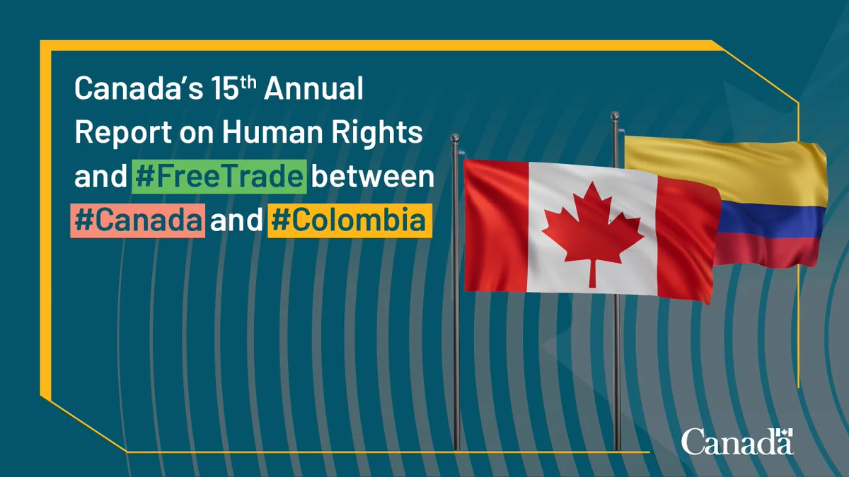 Text on background reads, Canada’s 15th Annual Report on Human Rights and #FreeTrade between #Canada and #Colombia