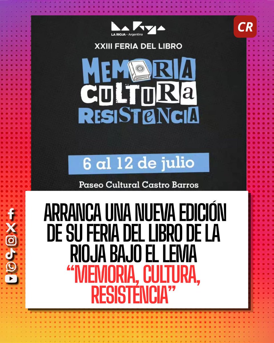 contactoriojaok's tweet photo. 📚✨ ¡Comienza la 23° Feria del Libro de La Rioja! 

📖❤️jo el lema "Memoria, Cultura, Resistencia", el Gobierno de La Rioja invita a disfrutar de una nueva edición de la Feria del Libro, uno de los eventos culturales más importantes del norte argentino.

🗓️ Del 6 al 12 de julio https://t.co/H9bk5TeJWq
