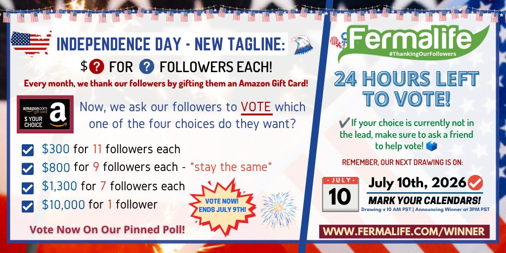 fermalife's tweet photo. ⏳ Less than 24 hours left to vote! 🗳️ Would you rather have more followers for better odds to win, fewer followers with a bigger gift card or keep things the same? It's your choice! Vote now on our *pinned* poll! Voting ends 7-9-26 at 10AM PST. More: https://t.co/2QOZDAo8jU ✨ https://t.co/Qitg7KTRT2