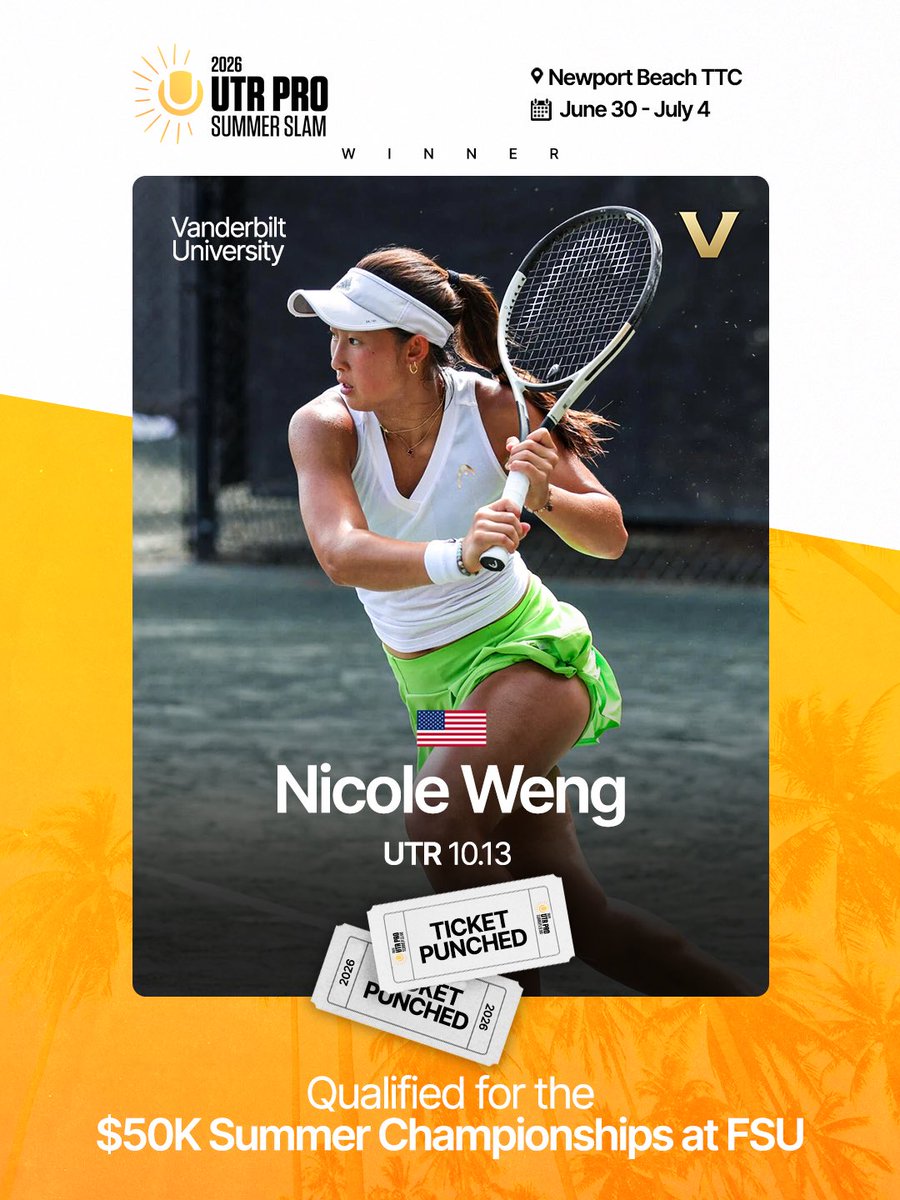 UTR_Sports_'s tweet photo. The UTR Pro Summer Slam winners from Week 7 βοΈ This 13-week series will deliver $500k in prize money and take place at universities across the U.S.
By winning, these 2 qualify for the Summer Championships at FSU in August π https://t.co/ESYzp4hkHQ