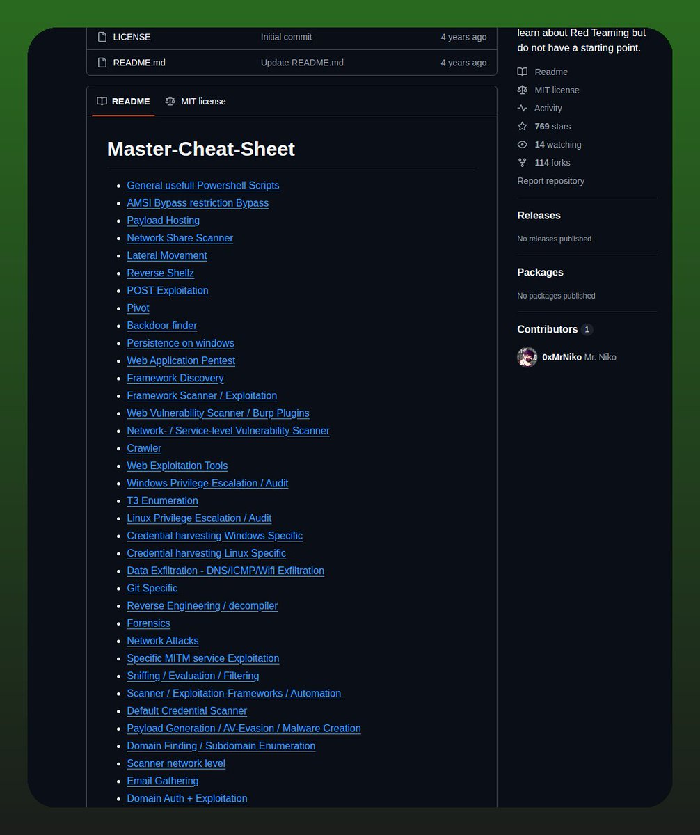 tom_doerr's tweet photo. Red teaming master cheat sheet and tool resource list

https://t.co/yaDeYltUWj https://t.co/q2XUPWiYSE