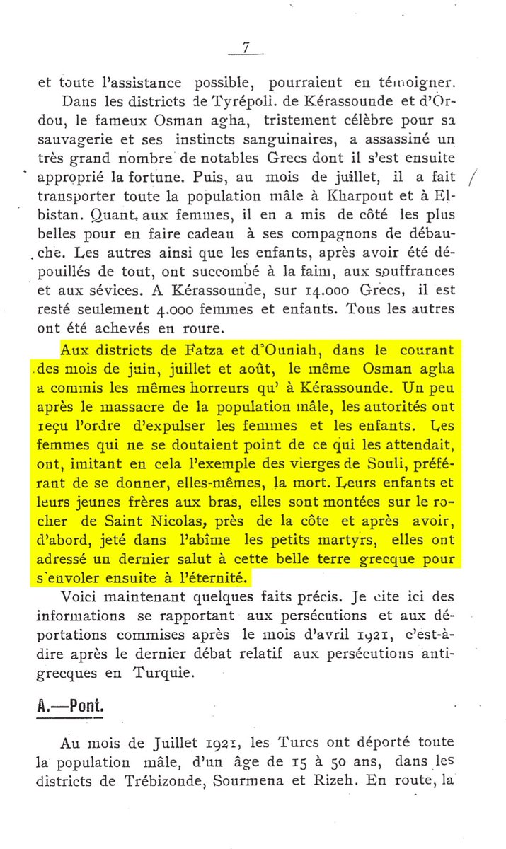 gaidzagarchive's tweet photo. ❝Aux districts de Fatza et d'Ouniah, dans le courant des mois de juin, juillet et août, le même Osman agha a commis les mêmes horreurs qu' à Kérassounde (Giresun). Un peu après le massacre de la population mâle, les autorités ont reçu l'ordre d'expulser les femmes et les enfants. Les femmes qui ne se doutaient point de ce qui les attendait, ont, imitant en cela l'exemple des vierges de Souli, préférant de se donner, elles-mêmes, la mort. Leurs enfants et leurs jeunes frères aux bras, elles sont montées sur le rocher de Saint Nicolas, près de la côte et après avoir, d'abord, jeté dans l'abîme les petits martyrs, elles ont adressé un dernier salut à cette belle terre grecque pour s'envoler ensuite à l'éternité.❞

📕Geórgios Baltatzís, "Les atrocités turques en Asie Mineure et dans le Pont", Athènes, 1922, Page 7.