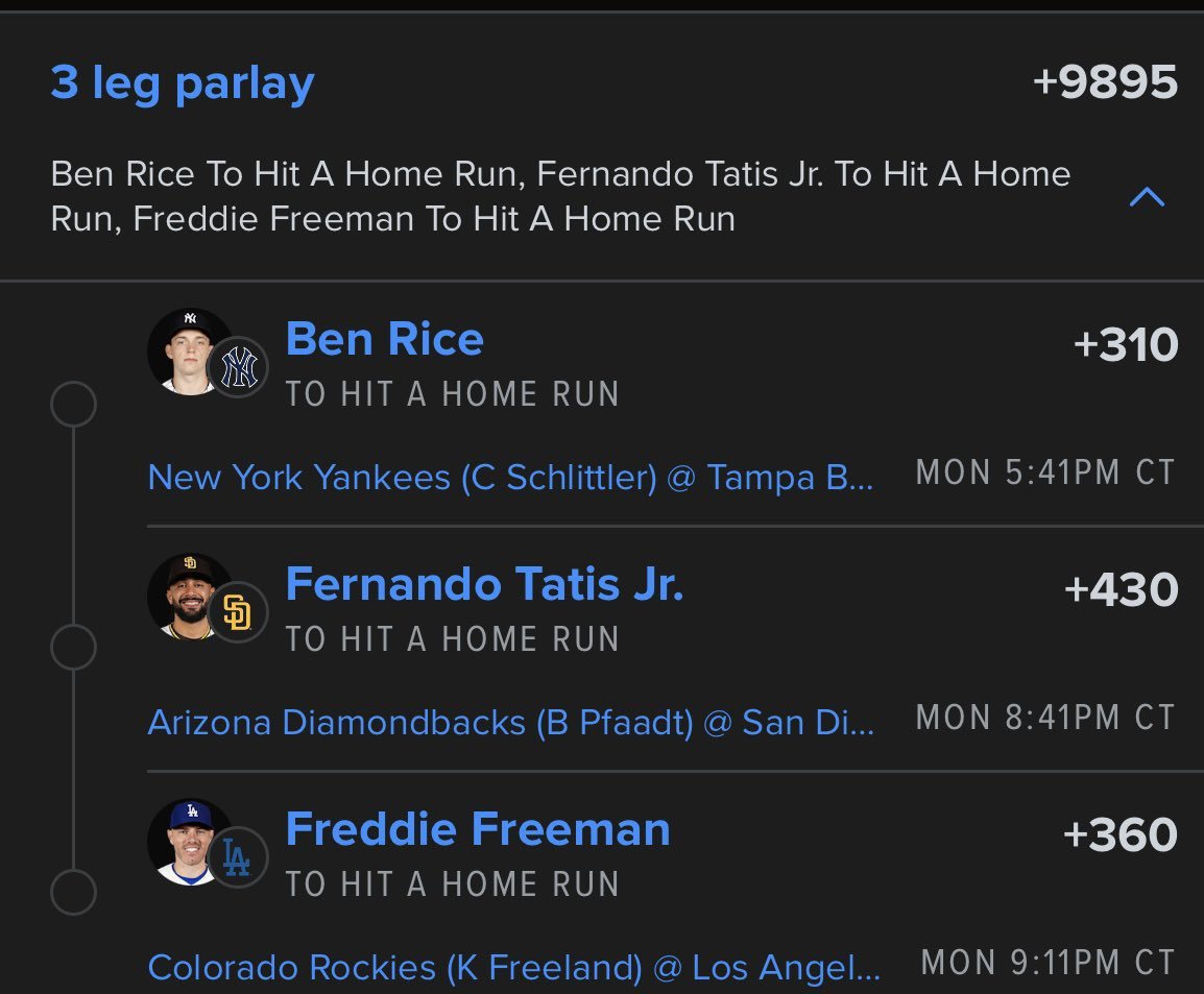 NaderMabroek's tweet photo. MONDAY DINGER RAWW 🔥‼️

Ben Rice
Fernando Tatis Jr.
Freddie Freeman

#Gambling𝕏    @Playbook https://t.co/j9HzPCGt0o