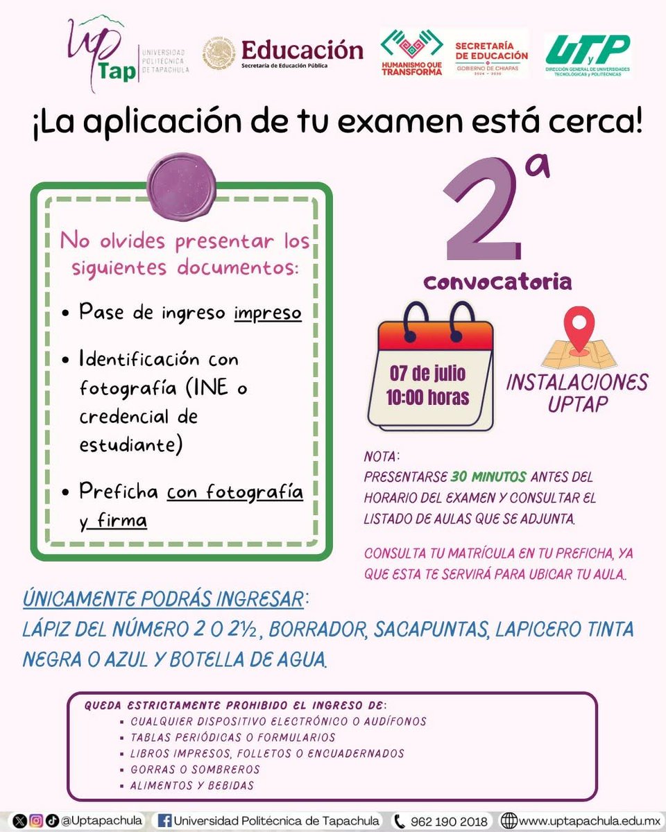 Anthony_1978_'s tweet photo. 🚨 ¡Aspirantes #UPTapachula! El examen de la 2ª Convocatoria es este 7 de julio a las 10:00 h.
​No olvides llevar:
📄 Pase impreso
🪪 ID con foto
📝 Preficha con foto y firma
​📌 Llega 30 min antes. Revisa en la imagen lo que SÍ y NO puedes ingresar. 👇 #Tapachula https://t.co/RsjBpwbndI