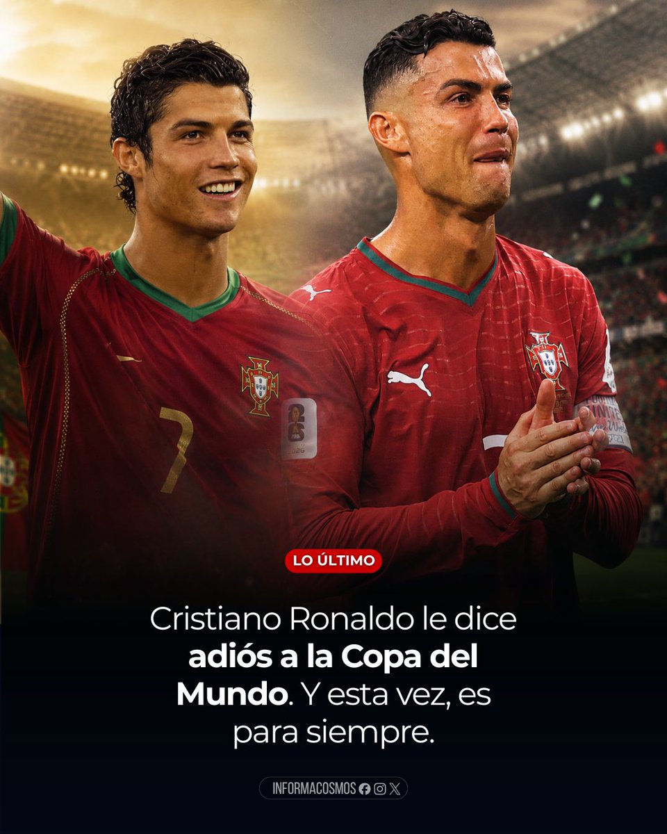 InformaCosmos's tweet photo. 🇵🇹 Se terminó el último sueño mundialista de Cristiano Ronaldo. La derrota de Portugal ante España en los octavos de final del Mundial 2026 puso punto final a su camino en la Copa del Mundo.

A sus 41 años, el capitán portugués se despide después de disputar seis Mundiales y representar a Portugal durante varias generaciones. Su paso por el torneo estuvo marcado por goles, récords y momentos que quedaron en la historia.

Ronaldo llegó a 2026 con la ilusión de levantar la única gran copa que faltaba en su carrera, pero la eliminación terminó definitivamente con esa posibilidad.

Su despedida marca el cierre de una era para Portugal y para el fútbol mundial.