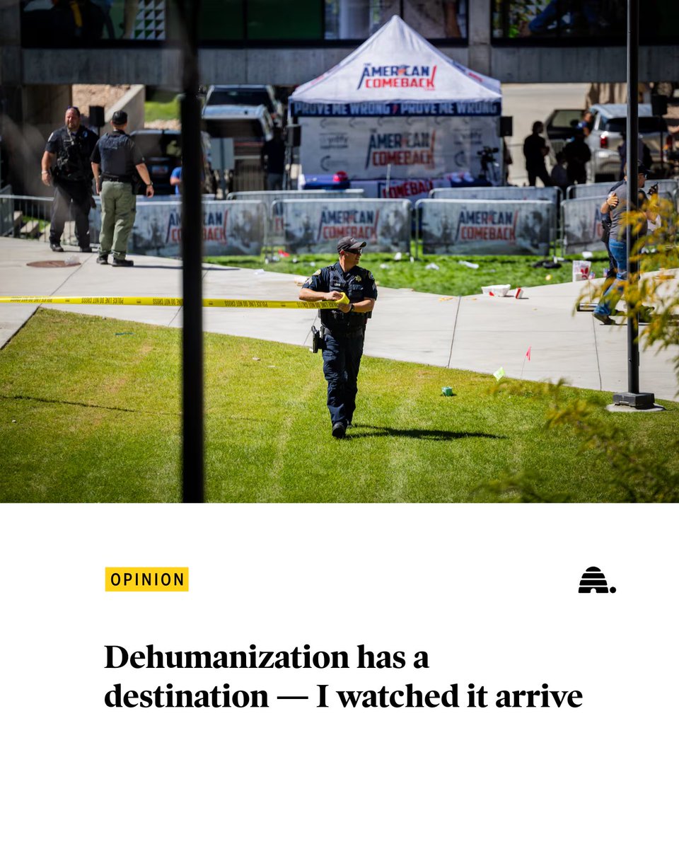 Deseret's tweet photo. “Around 10 months ago, I stood under a tent at UVU, ready to watch a debate. Instead, I witnessed the ugliest consequence of an age that has forgotten how to see the other side as human,” Caleb Chilcutt writes. https://t.co/cFA8WHiitY