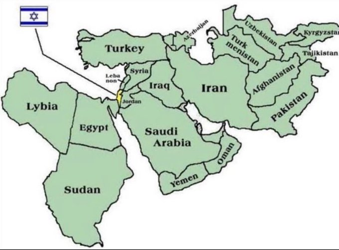 VividProwess's tweet photo. Do you see this tiny yellow dot? That's Israel, the only Jewish state in the world, about the size of New Jersey, surrounded by Muslim nations.

They're trying to convince you that Israel is the "occupier."

How delusional can they actually be? https://t.co/6WcKMsuINO