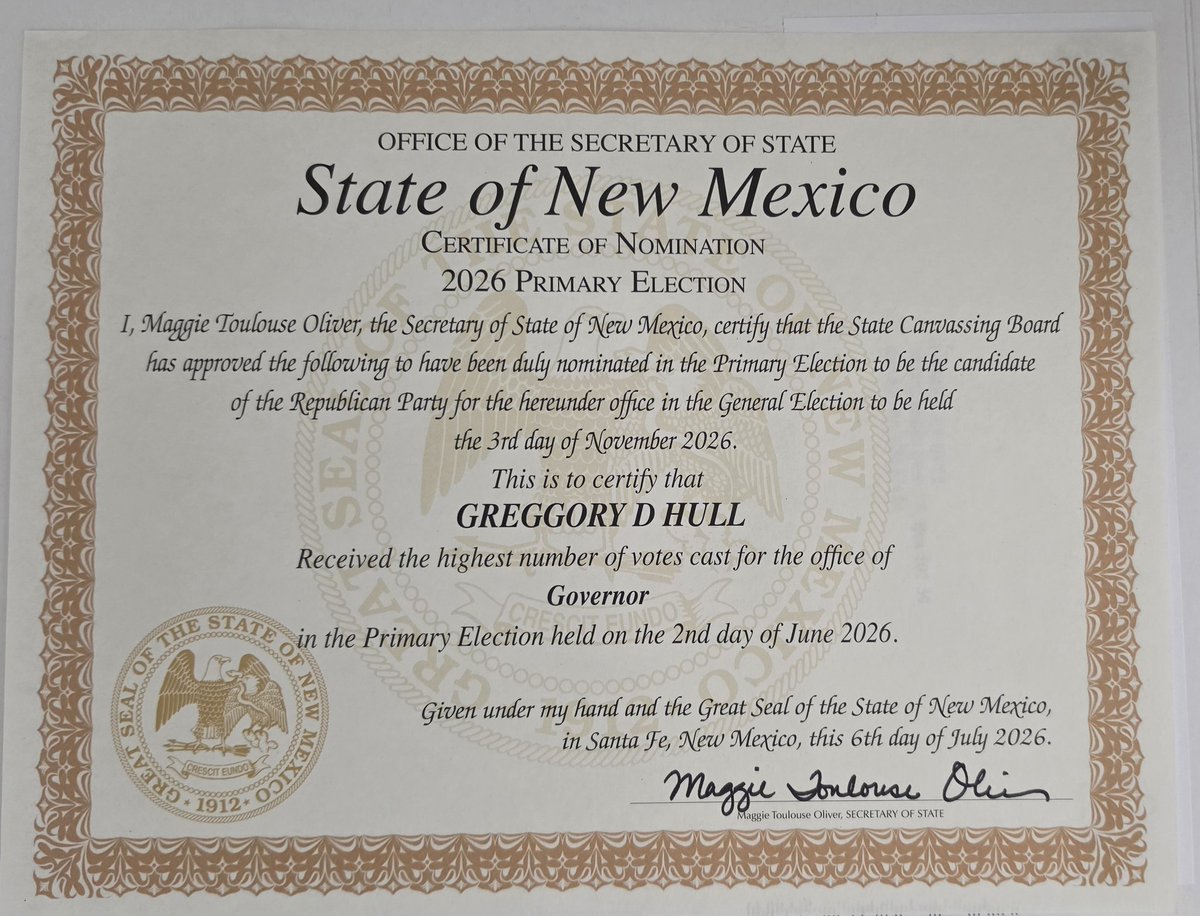 GreggHullforNM's tweet photo. Please Share. 

Today, I was deeply honored to receive the official Certificate of Nomination as the Republican nominee for Governor of New Mexico.

This milestone belongs to every volunteer who knocked on doors, made phone calls, displayed a yard sign, and every voter who placed their trust in me. Thank you for your confidence, your encouragement, and your support throughout this journey.

I am humbled by the opportunity to represent our party and, more importantly, to earn the support of all New Mexicans this November.

The campaign now enters its next chapter. Together, we will continue sharing a positive vision built on stronger communities, safer neighborhoods, better schools, economic opportunity, and accountable leadership.

Thank you for believing that experience matters. I'm ready to continue fighting for the future of our great state.

Let's get to work.  Please support our campaign with a small contribution at https://t.co/WCPEQThRlG

#GreggHullForGovernor #ExperienceMatters #LeadershipThatWorks #NewMexico