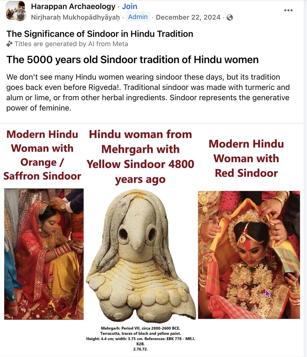 HinduHate's tweet photo. "Hinduism is not an ancient religion" lol
Sapta-Sindhu civilisation was proto-Hinduism. >Figurines with Sindoor were found. Modern Hindu brides continue the sindoor tradition. 
>Ritualistic fire altars were found. Modern Hindus continue the tradition of ritualistic fire altars called Vedic yajna or Hawan.
>Saptamatrikas (7 mothers) were found. Hindu temples till today have the Saptamatrikas in their temples.
The term 'Hinduism' is modern, but the tradition evolved over millennia across the entire subcontinent, not just the Ganges. It spread widely to Southeast Asia (Angkor Wat, Bali, etc.).
IVC people weren't 'Hindus' in the modern sense — but claiming they have zero connection to the Indic civilisational stream that became Hinduism is selective history. 
You cannot claim IVC and de-root it from Indic civilisation because of your hatred for Hinduism. 
IVC was proto-Hindu, whether you like it or not.