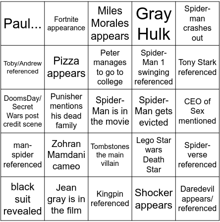 Ascendant_midas's tweet photo. I have created a bingo card for Spider-Man Brand New Day
I have a 30% chance of actually getting a bingo https://t.co/Ki3gxDKd3q