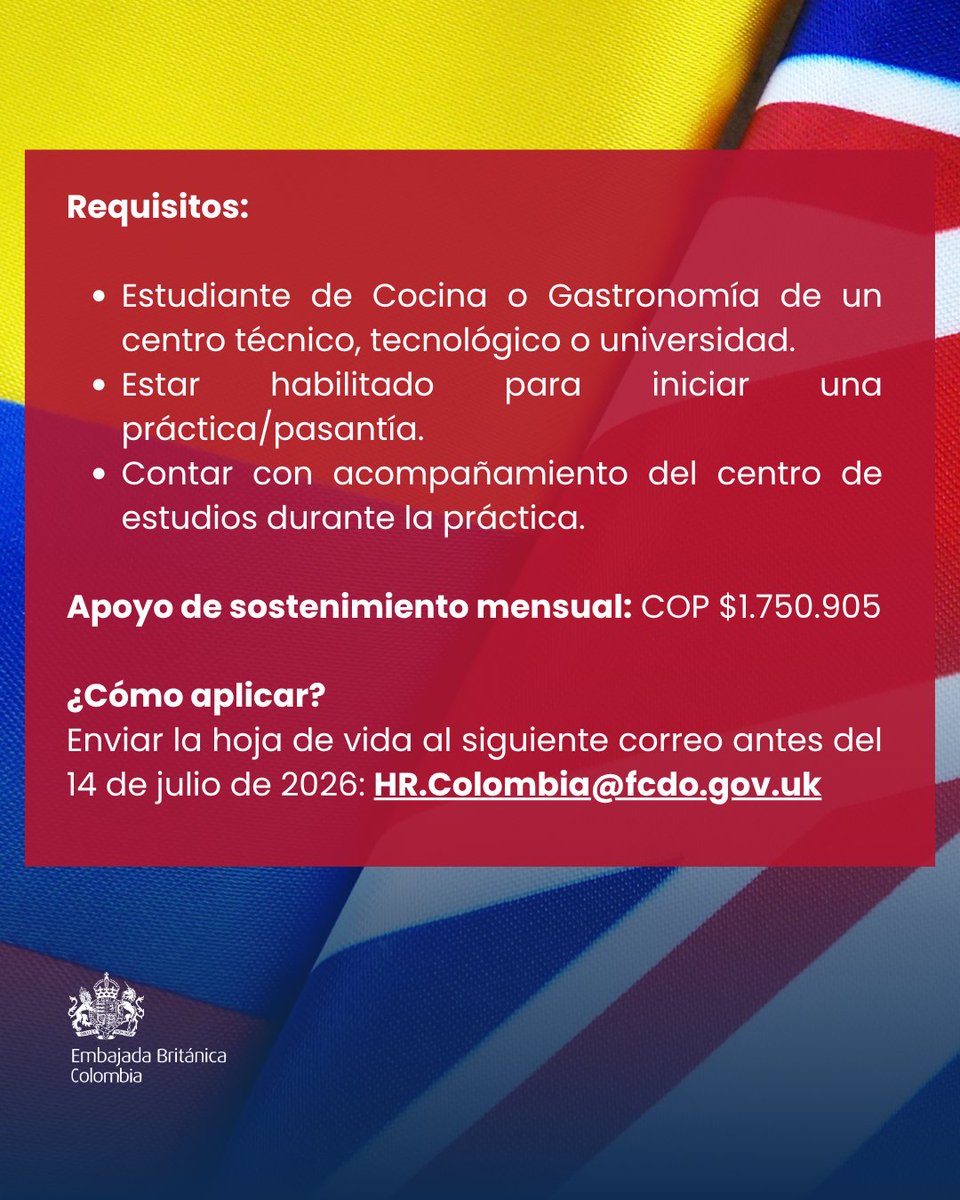 UKinColombia's tweet photo. ¡Realiza tus prácticas en un ambiente internacional #UKCOL🇬🇧🇨🇴!

📩Buscamos pasante de cocina para la Residencia Británica en Bogotá. Envía tu hoja de vida antes del 14 de julio a 👉🏽 HR.Colombia@fcdo.gov.uk https://t.co/PCWxDU9J9H