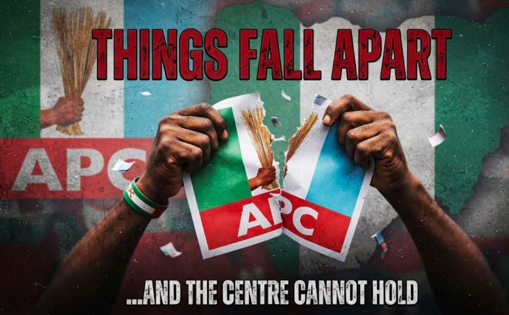 mbachar2020's tweet photo. THINGS FALL APART FOR APC

The center can no longer hold. 

For 11 years, Nigerians were promised change. 
What we got was hardship, division, hunger, insecurities and broken promises.

From the center to the states, APC is collapsing under the weight of its own failures. https://t.co/WpJb1FHNtb