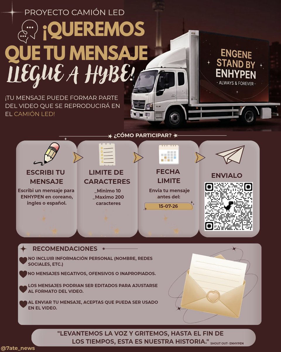 7ate_news's tweet photo. 🗞️⁷.  N E W   I N F O. ⏤͟͟͞͞☆

PROYECTO CAMIÓN A HYBE ✯

Nos emociona anunciar que estamos organizando para mandar un camión de protesta a HYBE, la idea es que nos envíen carteles de apoyo y protesta por el form que van a encontrar en la primera imágen.

La meta son: 570 usd.

Toda contribución nos ayuda a estar más cerca de la meta.

En la segunda imágen se encuentra el form con las cuentas a transferir y para que envíen el comprobante de pago. 

Agradecemos todo tipo de contribución y ayuda a compartir así llega a la mayor cantidad de personas. 

> — Las Admins