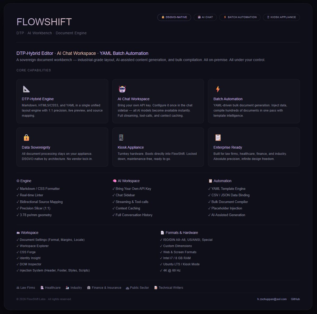 HZschuppan79649's tweet photo. 📄 FlowShift — Complete Enterprise Service Set
DTP-Hybrid Engine · AI Chat Workspace · Batch Automation
YAML-driven templates · Reusable components · Bulk compilation
All on-premise. All under your control.
#FlowShift #DTP #AI #DocumentAutomation https://t.co/2gC7YEzlcU