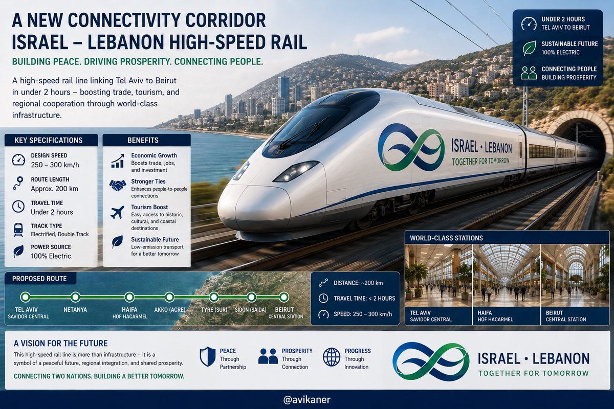 AviKaner's tweet photo. A high-speed rail line connecting Tel Aviv, Israel 🇮🇱 and Beirut, Lebanon 🇱🇧 in under two hours. It's not a question of "if" - it's a question of "when."

• 🚄 250-300 km/h electric trains
• ⏱️ Less than 2 hours travel time
• 🏙️ Stops in Haifa, Acre, Tyre and Sidon
• 💼 Billions in new trade and investment
• 🌍 Tourism, business and cultural exchange