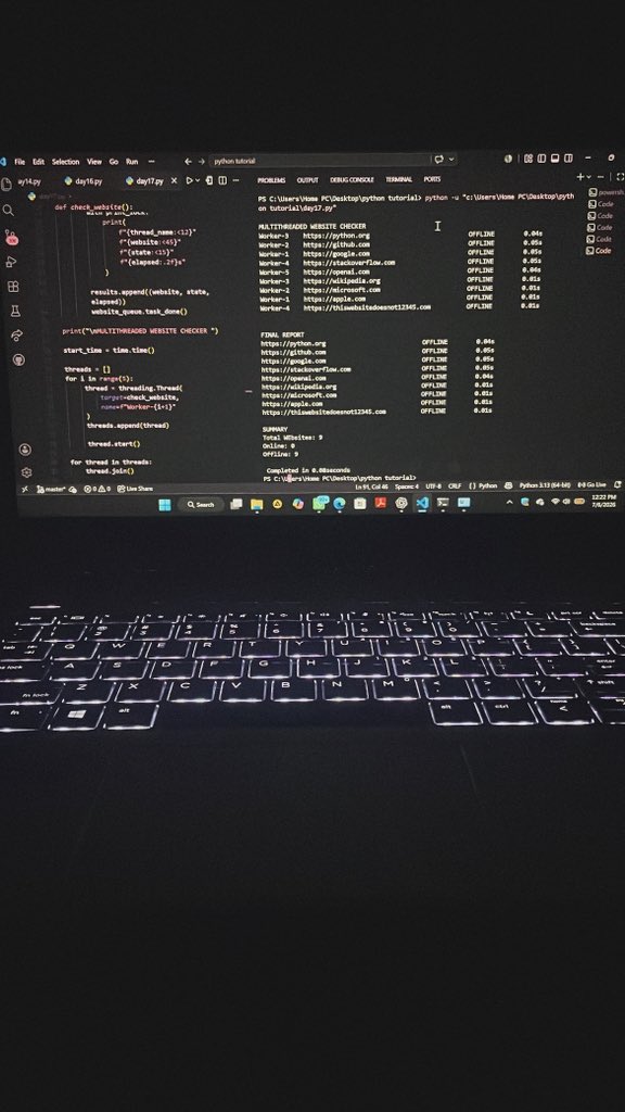 _Girl_In_Tech's tweet photo. I worked on a multithreaded Website Status Checker using threading, Queue, Lock &amp; requests. It checks multiple websites concurrently with thread synchronization
 Image 1: no internet = all OFFLINE
Image 2: after reconnecting, ONLINE, 403 response&amp; OFFLINE websites was recognized https://t.co/SMd1sXyafi