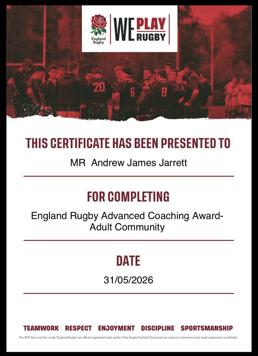 AndyJarrett3's tweet photo. Pleased to have achieved a personal coaching milestone today receiving my Level 3 ERACA qualification.
Thank you to the coaches, mentors and players who have supported and challenged me throughout.
#ERACA
#RugbyCoaching #CoachDevelopment #ContinuousLearning https://t.co/BgBDHeH5Yn