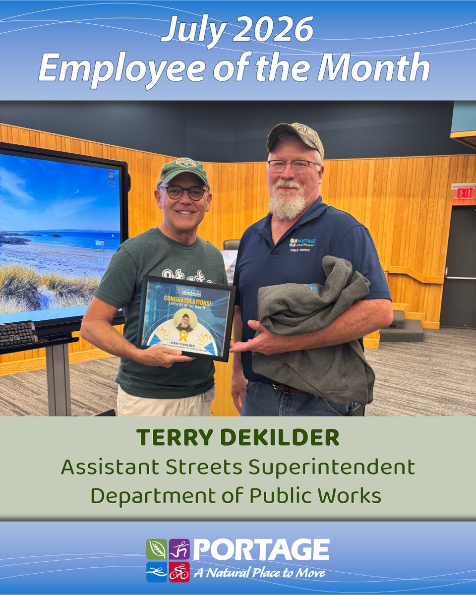 CityofPortageMI's tweet photo. 🎉 The July 2026 Employee of the Month is Terry Dekilder. Terry is the Assistant Streets Superintendent and has been with the City of Portage for two years and five months. ✨🙌 Please help us celebrate this Employee of the Month! https://t.co/QO4OsaUR1n