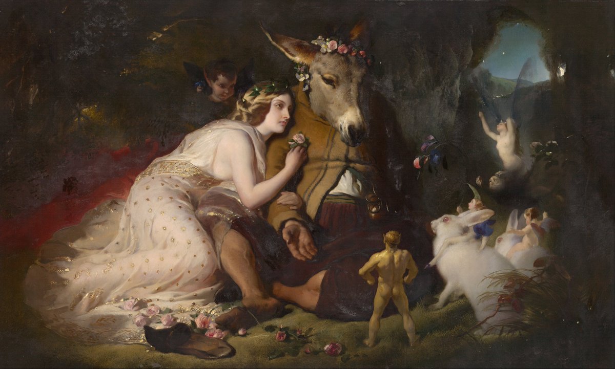 SketchesbyBoze's tweet photo. “Scene from A Midsummer Night’s Dream. Titania and Bottom,” by Edwin Landseer, depicts the scene in which Titania, in thrall to a love potion, inadvertently becomes enamored of the rustic Nick Bottom (who, owing to fairy mischief, now has the head of an ass). https://t.co/e6hBV8fDRv