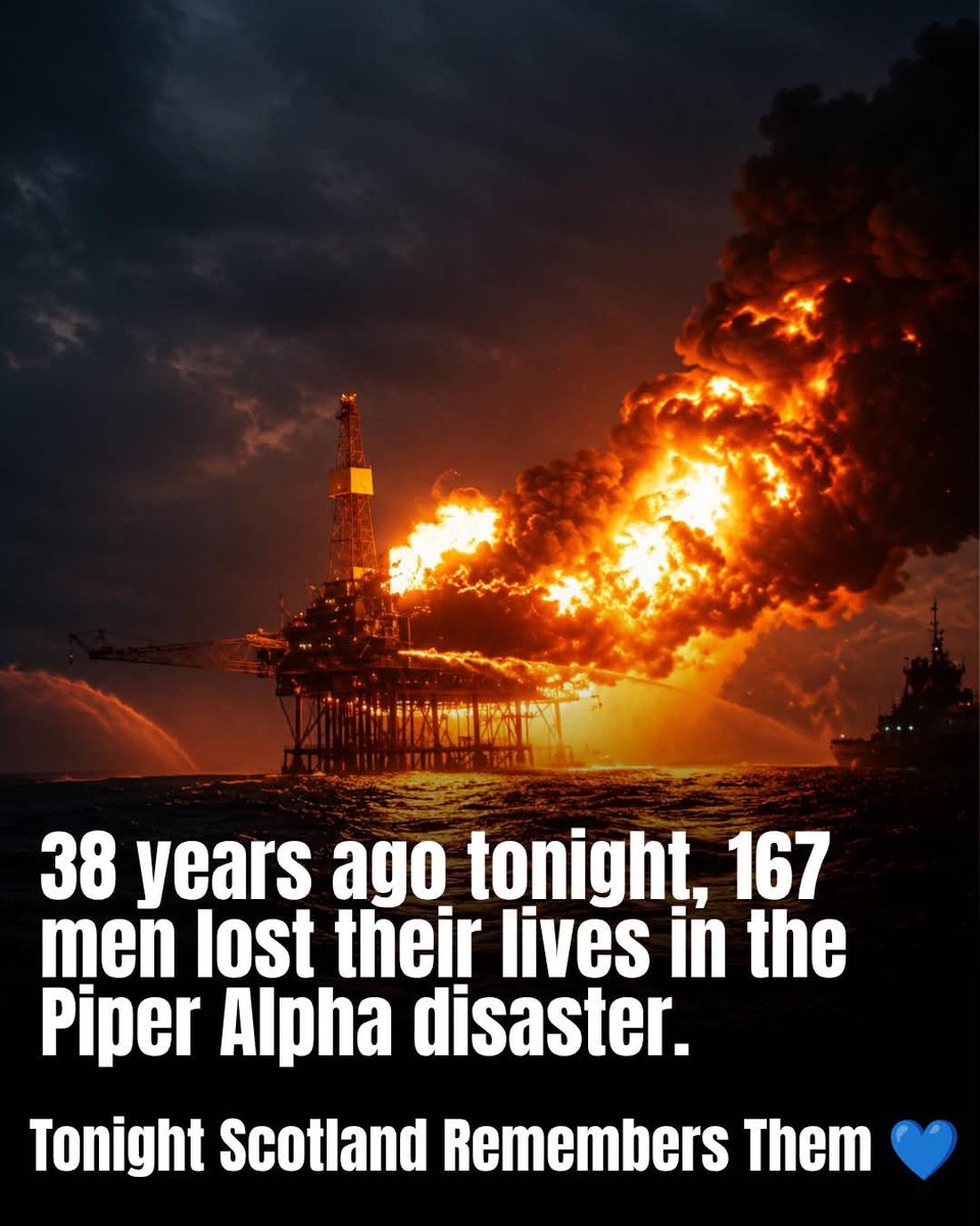 1scottishbanter's tweet photo. 38 years ago tonight, 167 men died in the Piper Alpha disaster.

Only 61 survived.

It remains the world's worst offshore oil and gas disaster, and one of the darkest nights in modern Scottish history.

Tonight we remember the men who never came home, the families left behind, and the rescuers who risked everything trying to save others.

Scotland remembers 💙