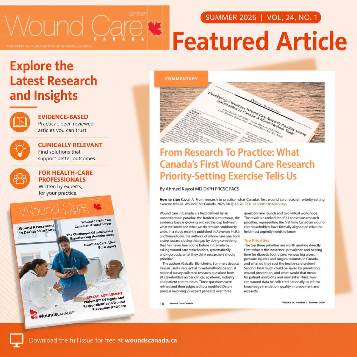 WoundsCanada's tweet photo. Have  you ever wondered what wound care stakeholders think researchers should prioritize? In our latest WCC, authors share their critical research where they asked this question and more to key industry players, producing 23 research priorities:  https://t.co/WupxMk60H9 https://t.co/qRlJbQ9xT6